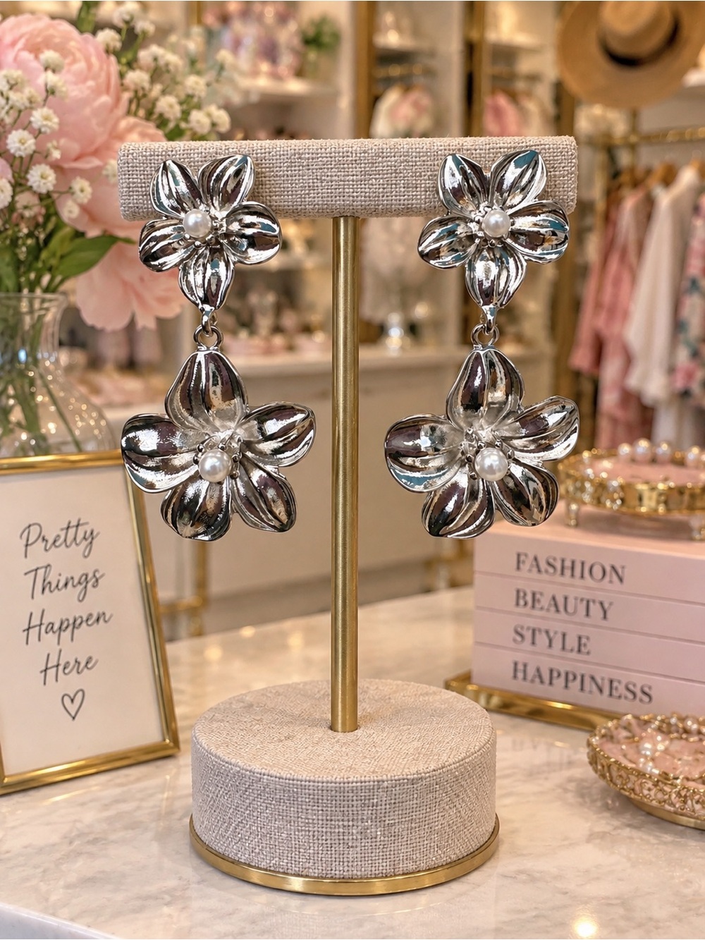 Silver Flower Drop Earrings with Pearl Center NWT